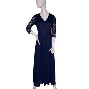 Miss May Maxi Dress Navy Blue V-Neck Floral Lace Bodice 3/4 Sleeve Size S
